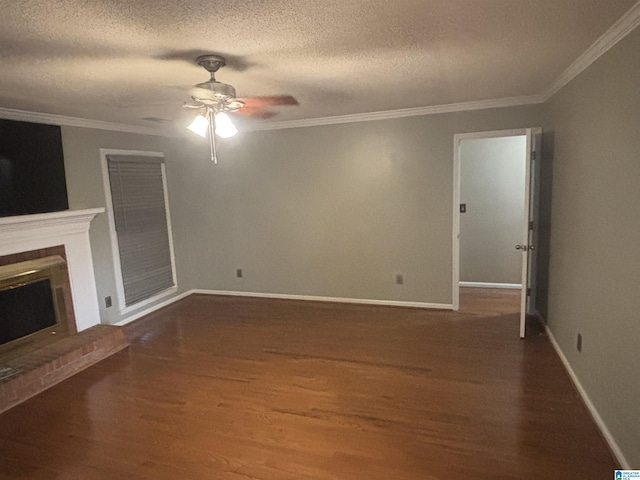 unfurnished living room featuring wood-type flooring, a textured ceiling, ceiling fan, and crown molding