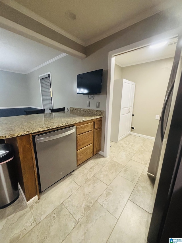 kitchen with light stone countertops, stainless steel dishwasher, and crown molding