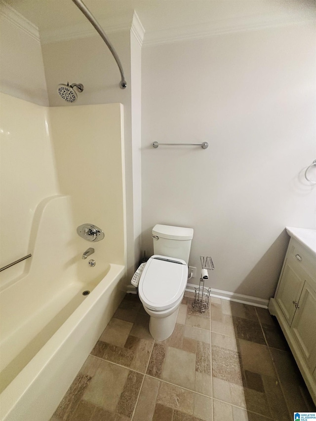 full bathroom featuring crown molding, vanity, shower / bathtub combination, and toilet