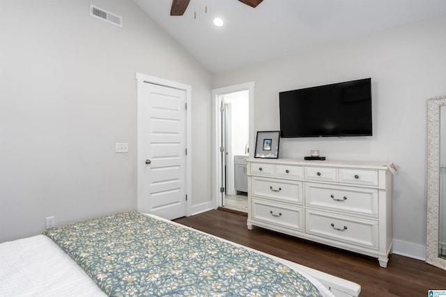 bedroom with ceiling fan, dark hardwood / wood-style flooring, and lofted ceiling