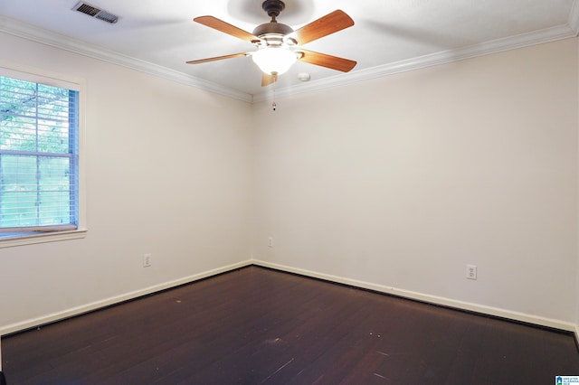 empty room with hardwood / wood-style floors, ceiling fan, and crown molding