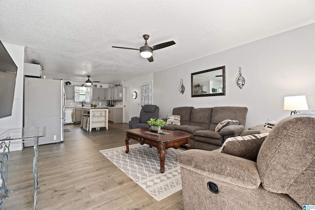 living room with light wood-type flooring, a textured ceiling, ceiling fan, and sink