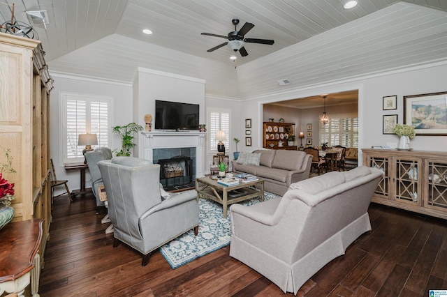 living room with dark hardwood / wood-style flooring, ceiling fan, a fireplace, and wooden ceiling