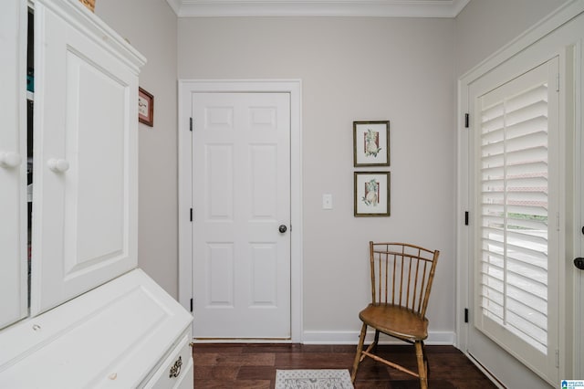 sitting room featuring crown molding and dark wood-type flooring