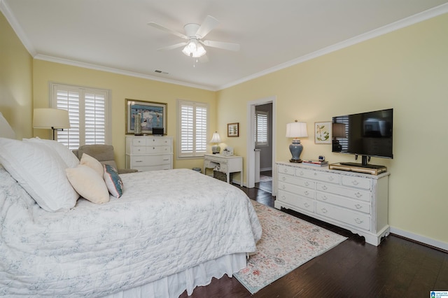 bedroom featuring crown molding, ceiling fan, and dark wood-type flooring