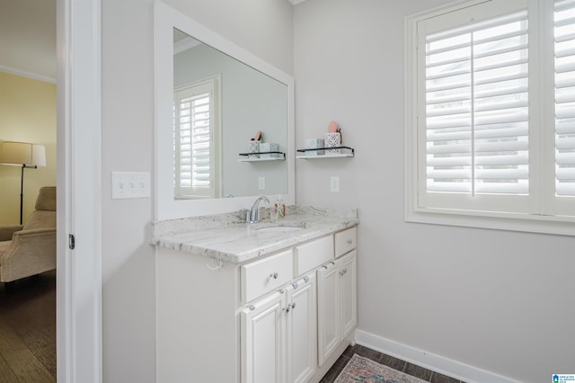 bathroom with vanity, wood-type flooring, and ornamental molding