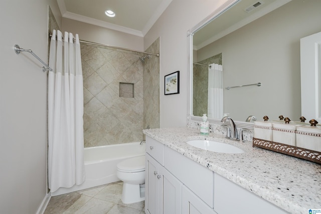 full bathroom with vanity, toilet, shower / bath combo with shower curtain, and crown molding