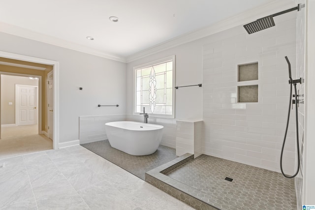 bathroom with plus walk in shower and ornamental molding