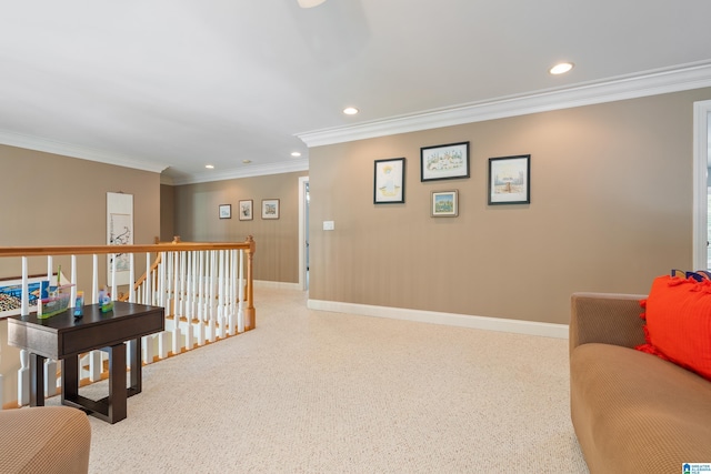 interior space featuring light carpet and ornamental molding