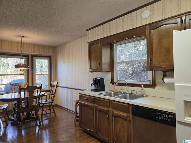 kitchen featuring sink, stainless steel dishwasher, dark hardwood / wood-style floors, a textured ceiling, and decorative light fixtures