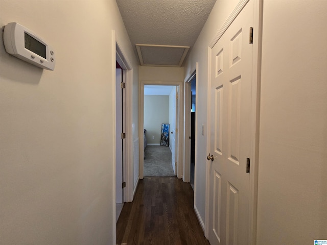 hallway featuring dark wood-type flooring and a textured ceiling