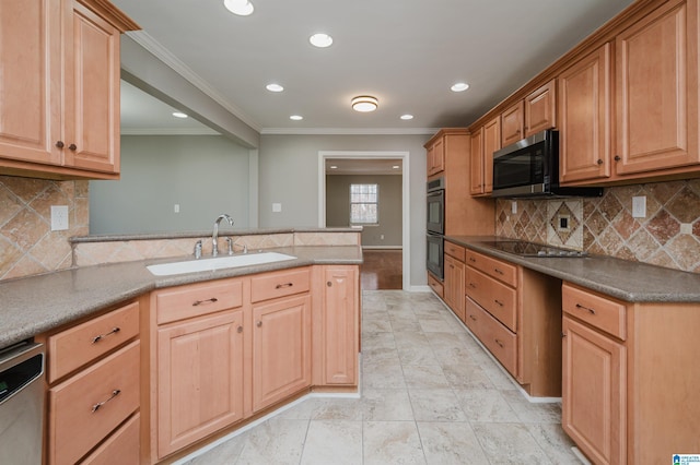 kitchen featuring sink, backsplash, kitchen peninsula, appliances with stainless steel finishes, and ornamental molding