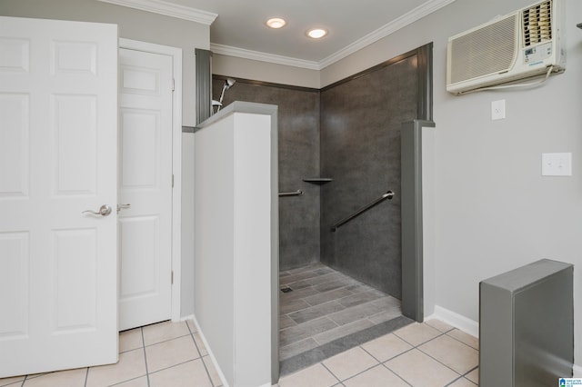 bathroom featuring tile patterned flooring, crown molding, and a wall mounted AC