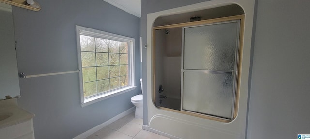 full bathroom with enclosed tub / shower combo, tile patterned floors, toilet, vanity, and ornamental molding