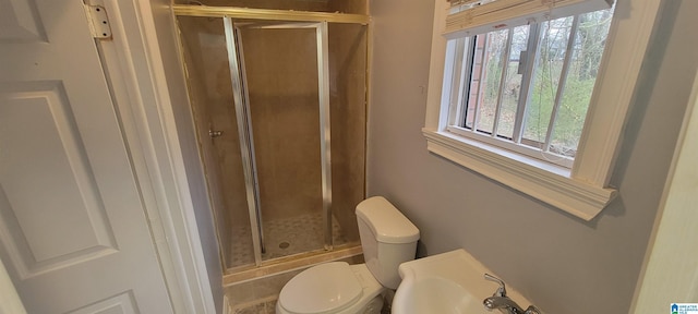 bathroom featuring toilet and an enclosed shower