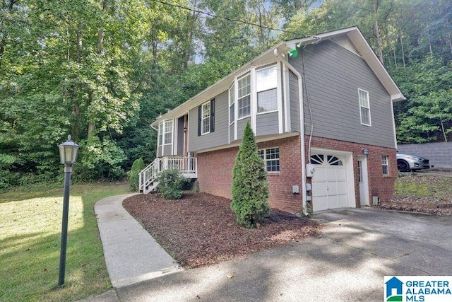 view of property exterior featuring a lawn and a garage