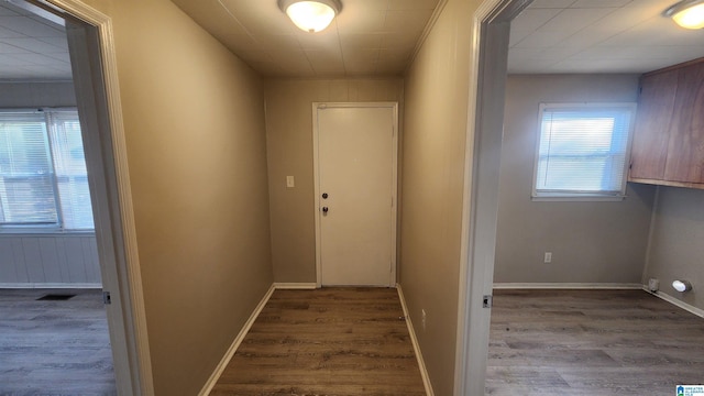 hallway with dark wood-type flooring