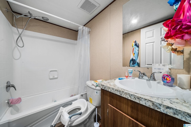 full bathroom featuring vanity, shower / tub combo, and toilet