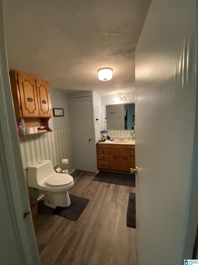 bathroom with hardwood / wood-style floors, vanity, a textured ceiling, and toilet