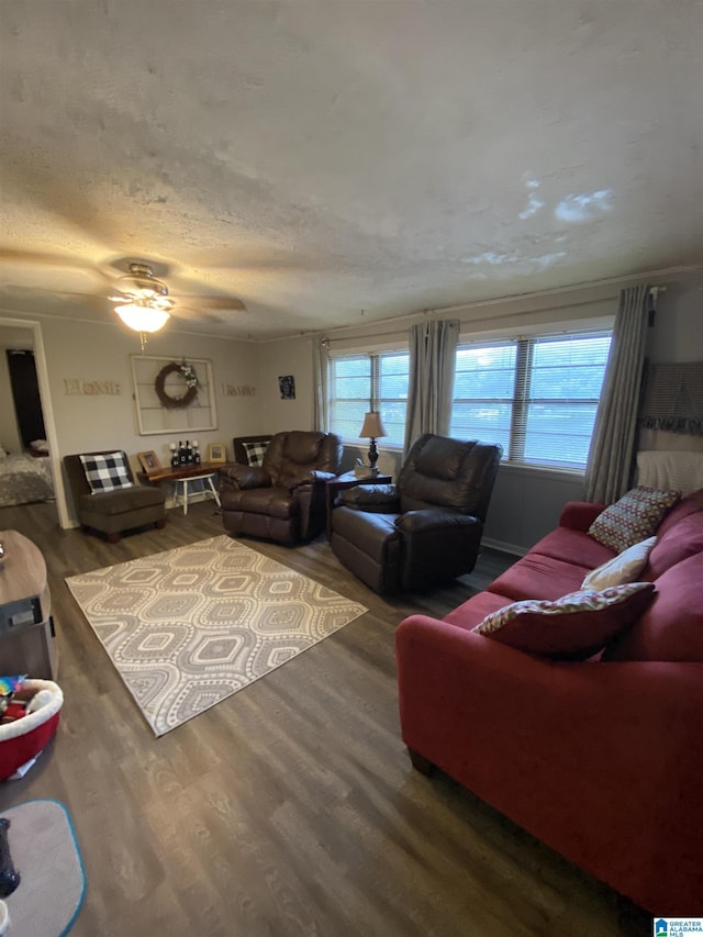 living room featuring hardwood / wood-style flooring, ceiling fan, and a textured ceiling