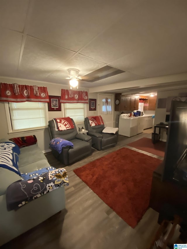 living room with ceiling fan and hardwood / wood-style flooring