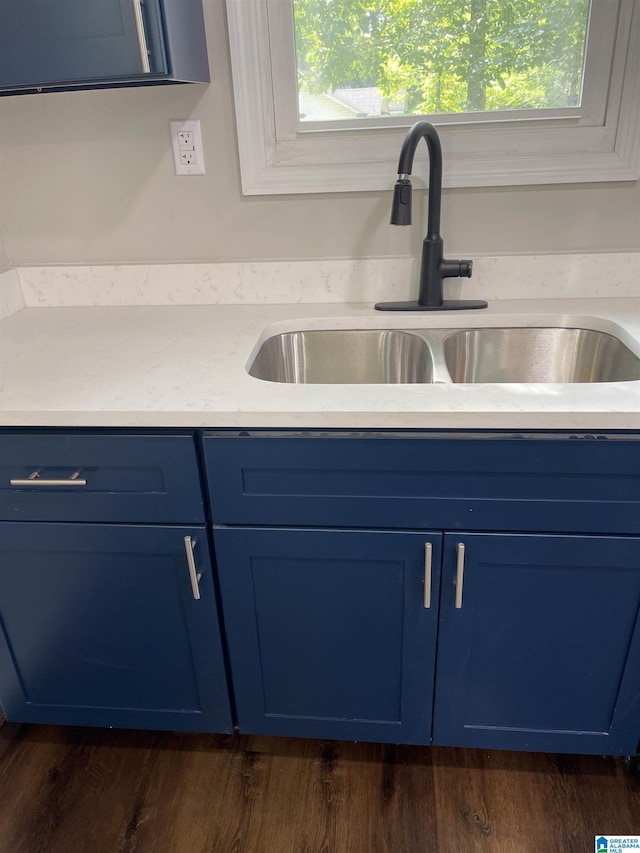 kitchen with plenty of natural light, blue cabinets, and sink