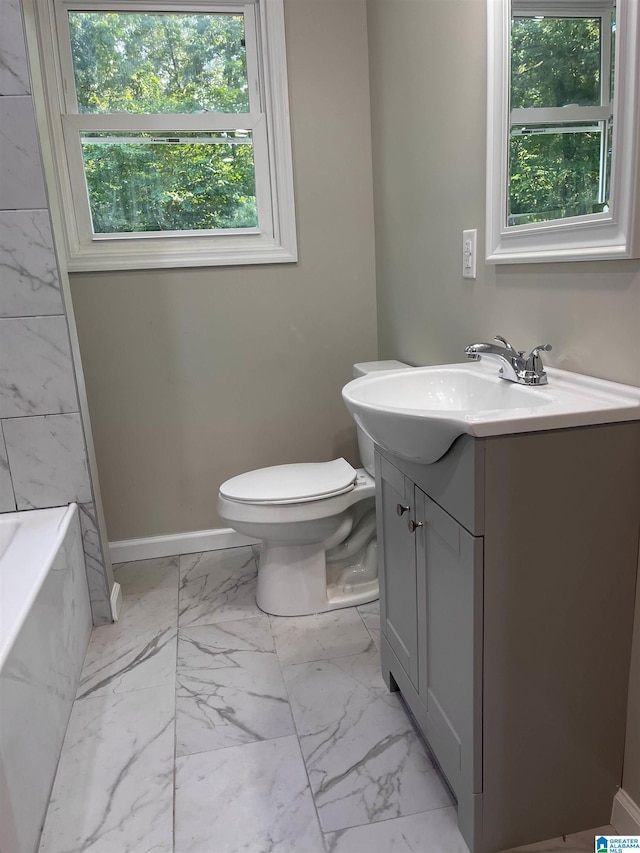 bathroom featuring a bathing tub, vanity, and toilet