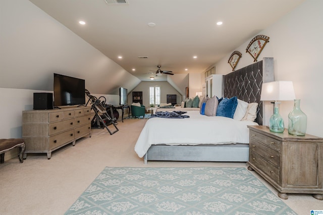 carpeted bedroom featuring lofted ceiling