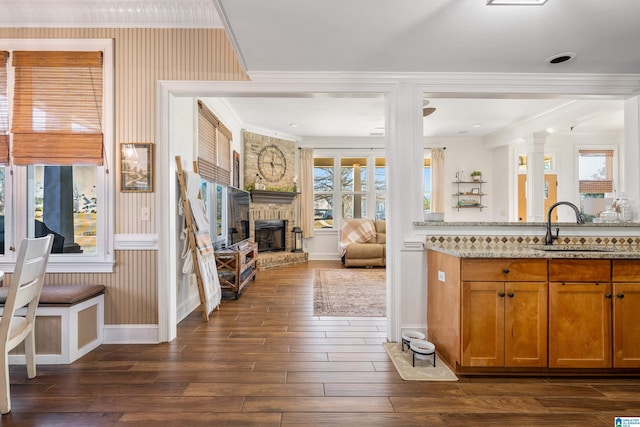 kitchen featuring sink, a stone fireplace, light stone countertops, and crown molding