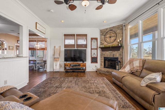 living room featuring plenty of natural light, dark hardwood / wood-style flooring, a fireplace, and crown molding