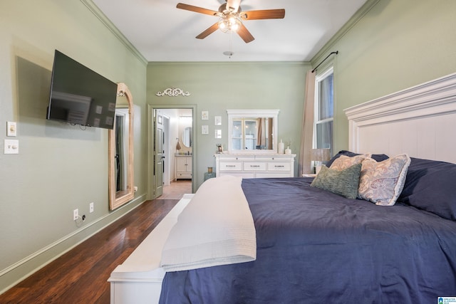 bedroom with connected bathroom, ceiling fan, dark wood-type flooring, and ornamental molding