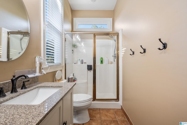 bathroom with tile patterned floors, vanity, toilet, and walk in shower