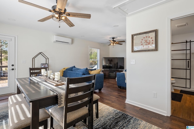 dining space featuring ceiling fan, plenty of natural light, dark hardwood / wood-style floors, and a wall mounted air conditioner