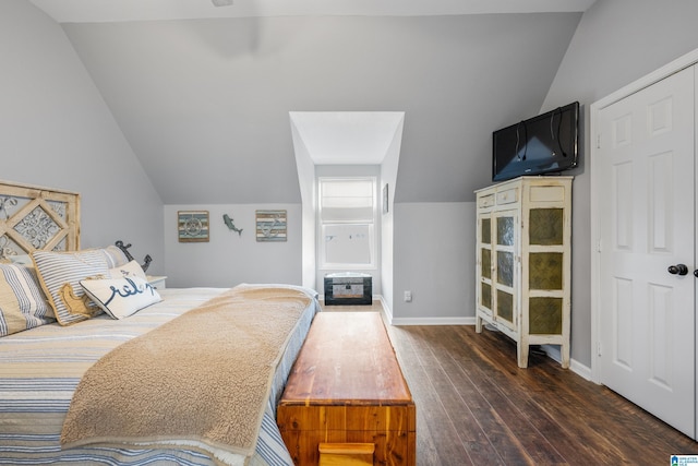 bedroom with dark hardwood / wood-style flooring, vaulted ceiling, and a closet