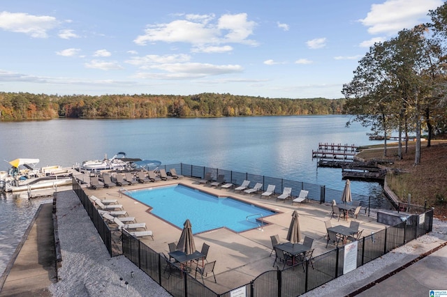 view of pool featuring a patio and a water view