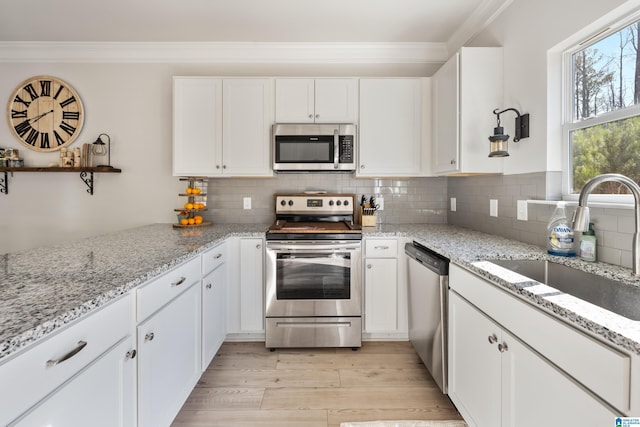 kitchen featuring white cabinets, decorative backsplash, sink, and stainless steel appliances