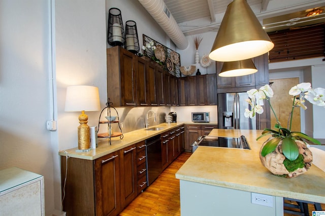 kitchen with light hardwood / wood-style floors, dark brown cabinetry, sink, and appliances with stainless steel finishes