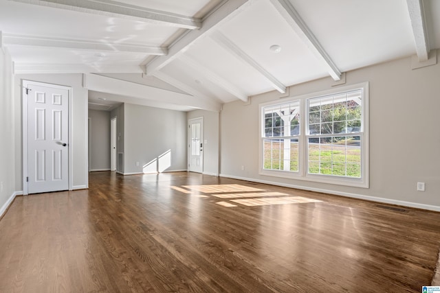 unfurnished living room with lofted ceiling with beams and dark hardwood / wood-style floors