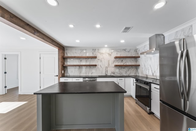 kitchen featuring white cabinetry, sink, backsplash, stainless steel appliances, and wall chimney range hood