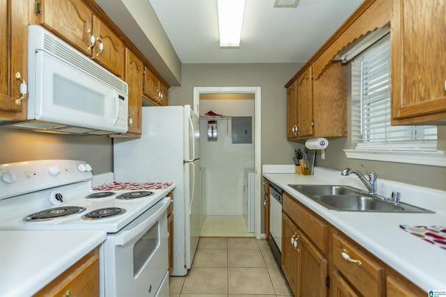 kitchen with white appliances, electric panel, sink, light tile patterned flooring, and washer / dryer