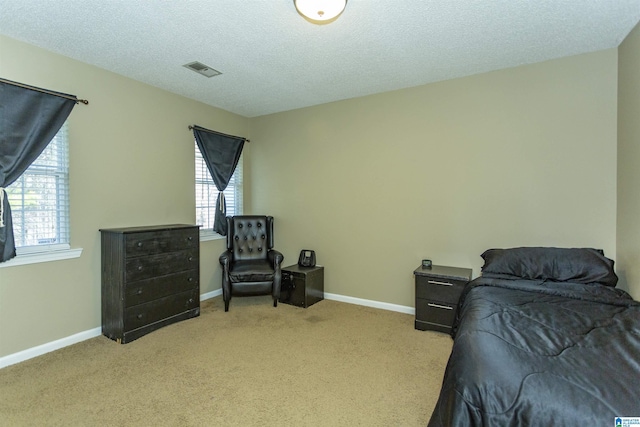 carpeted bedroom with a textured ceiling