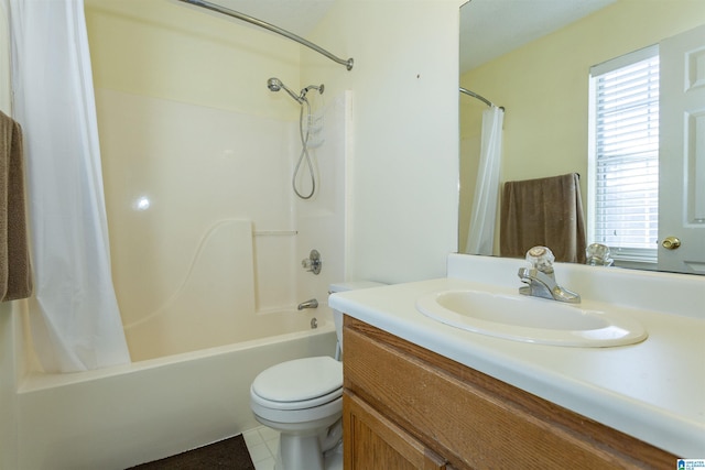 full bathroom featuring tile patterned flooring, vanity, shower / bath combination with curtain, and toilet