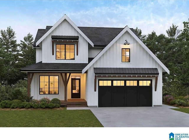 modern farmhouse style home with a front yard, a porch, and a garage