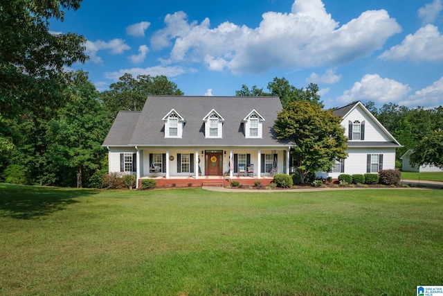 cape cod home with a porch and a front lawn