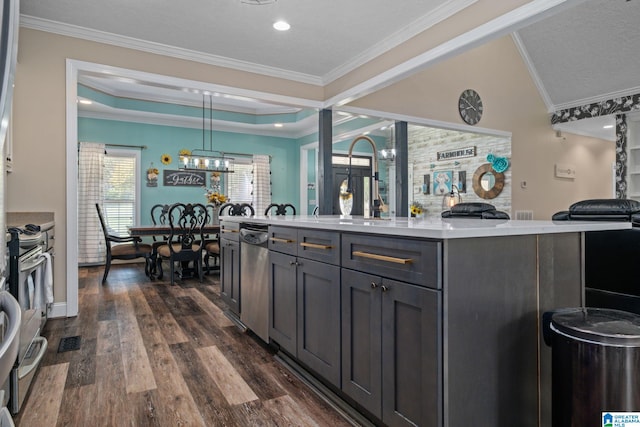 interior space with dark wood-type flooring, stainless steel appliances, and ornamental molding