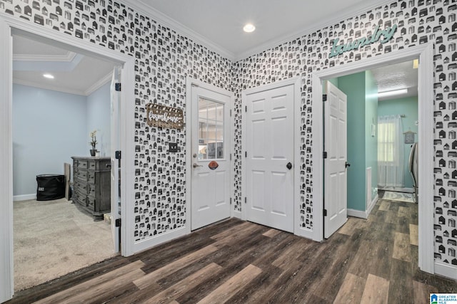 entryway featuring crown molding and dark wood-type flooring