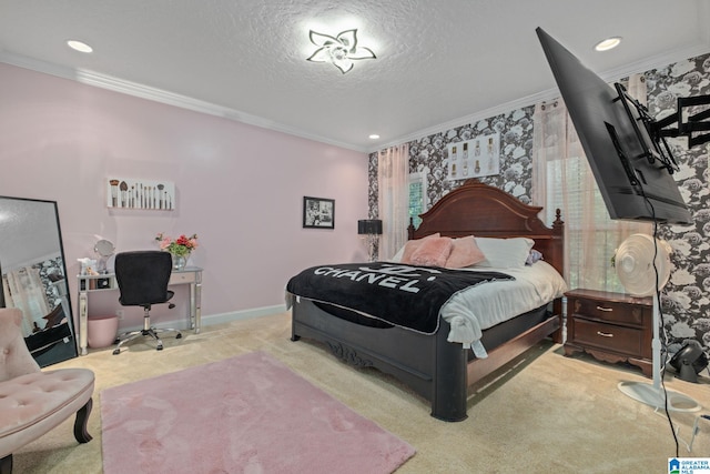 carpeted bedroom featuring crown molding and a textured ceiling