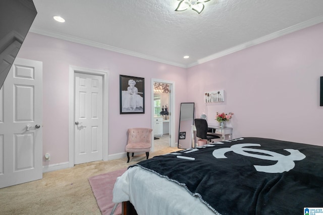 bedroom with light colored carpet, ornamental molding, and a textured ceiling