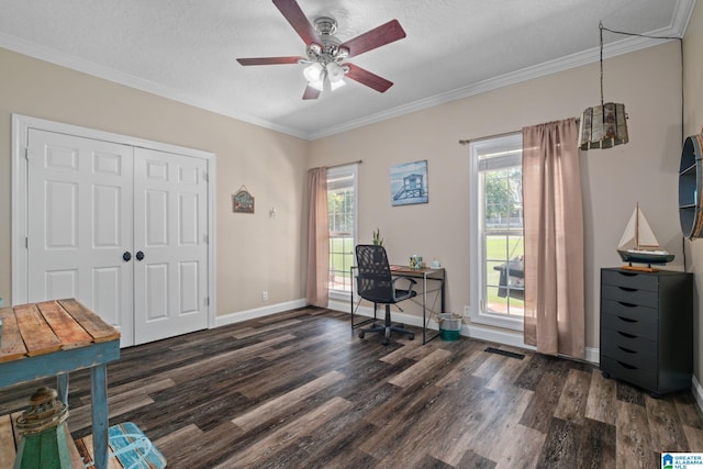 office area featuring a textured ceiling, dark hardwood / wood-style floors, ceiling fan, and ornamental molding