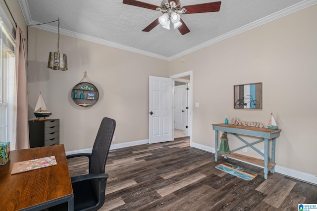 office with ornamental molding, a textured ceiling, ceiling fan, and dark wood-type flooring